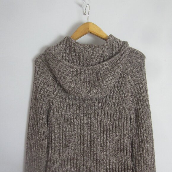 J Crew Womens XL Brown White Marled Cotton 2 Way Zip LS Hooded Cardigan Sweater - Picture 3 of 9